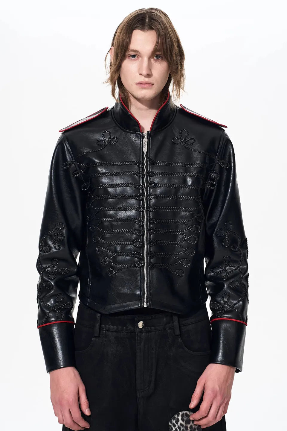 Napoleon Cording Embroidered PU Leather Jacket