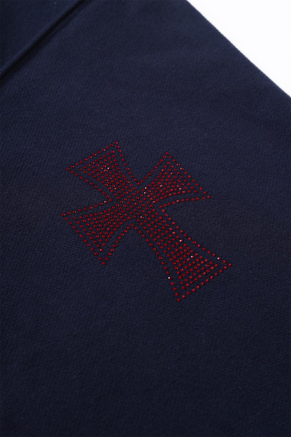 Navy with Red Cross Rhinestone Hoodie