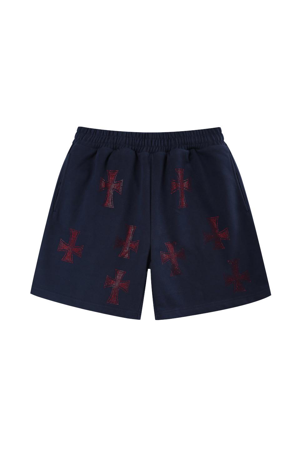 Navy with Red Cross Rhinestone Shorts