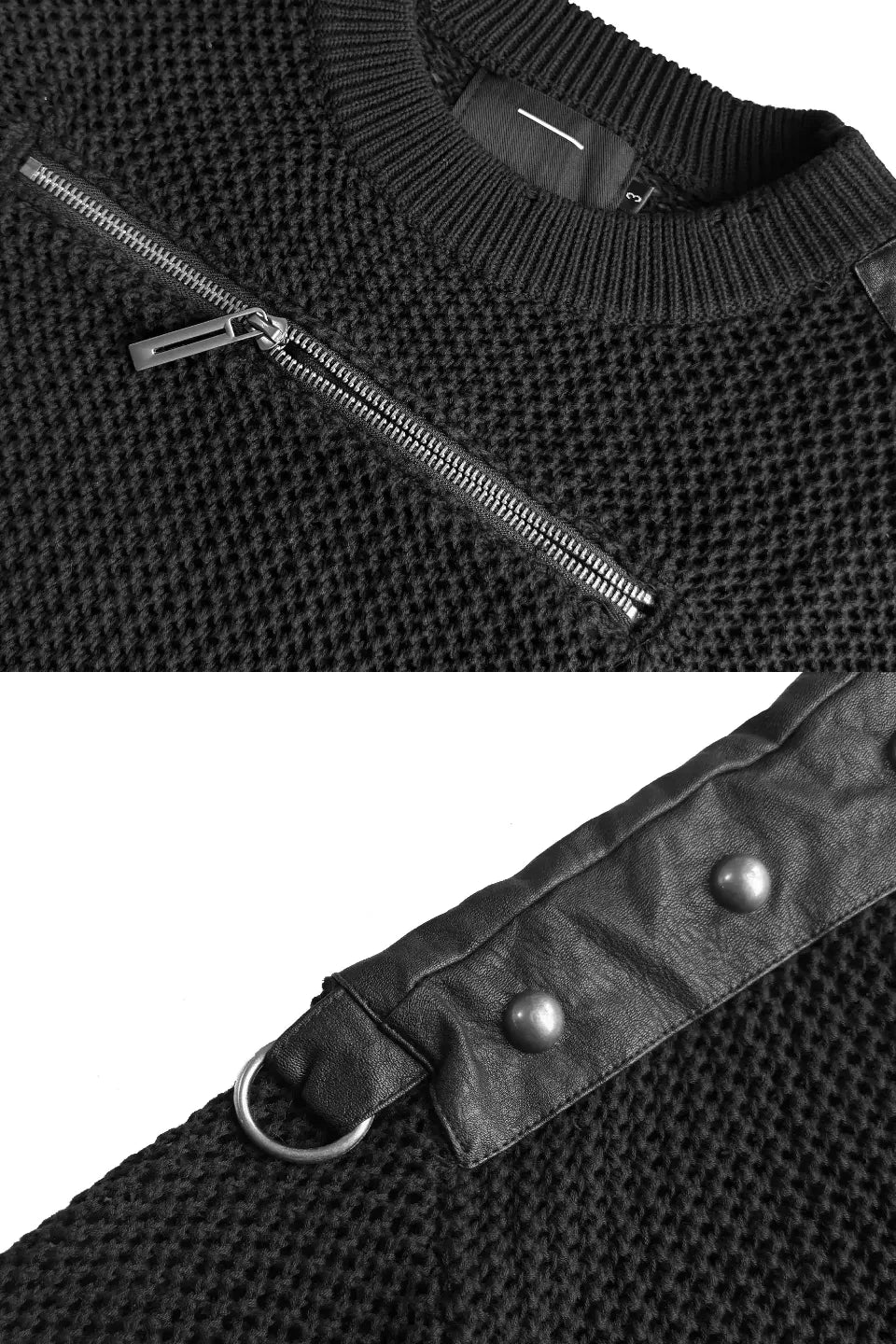 Open Knit Leather Patchwork Metal Zip Sweater