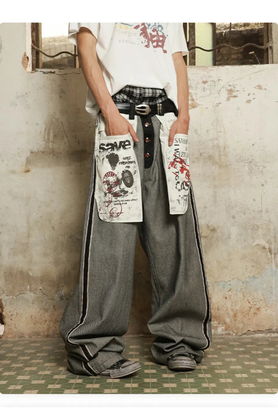 Original Cow Reverse Wearing Large Pocket Straight Leg Jeans