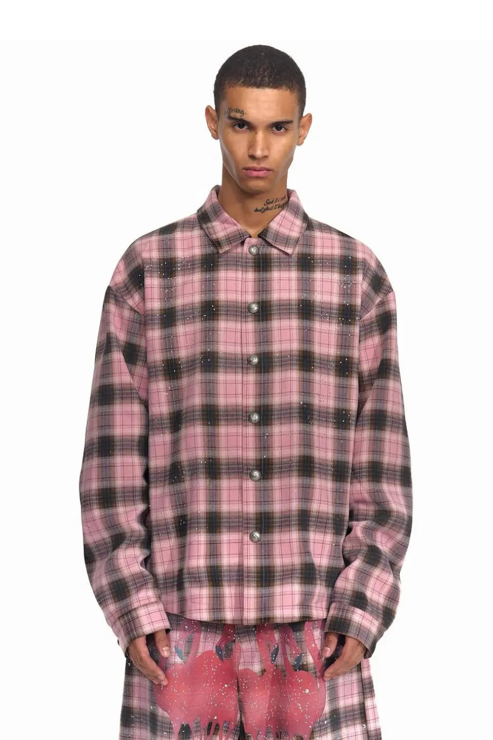 Pink Tartan Flamingo Graphic Rhinestone Flannel Shirt