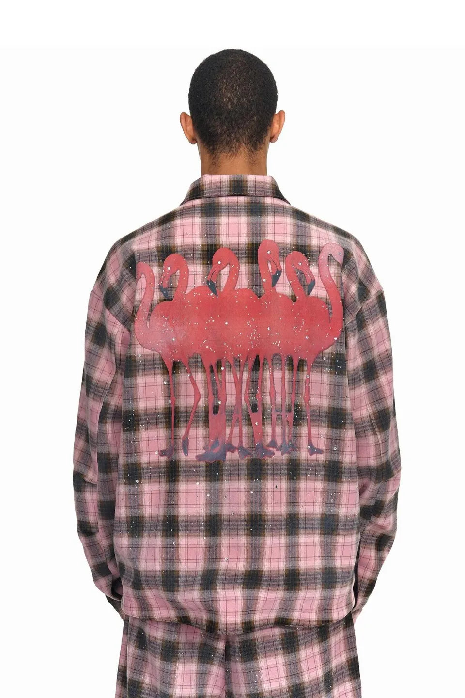 Pink Tartan Flamingo Graphic Rhinestone Flannel Shirt