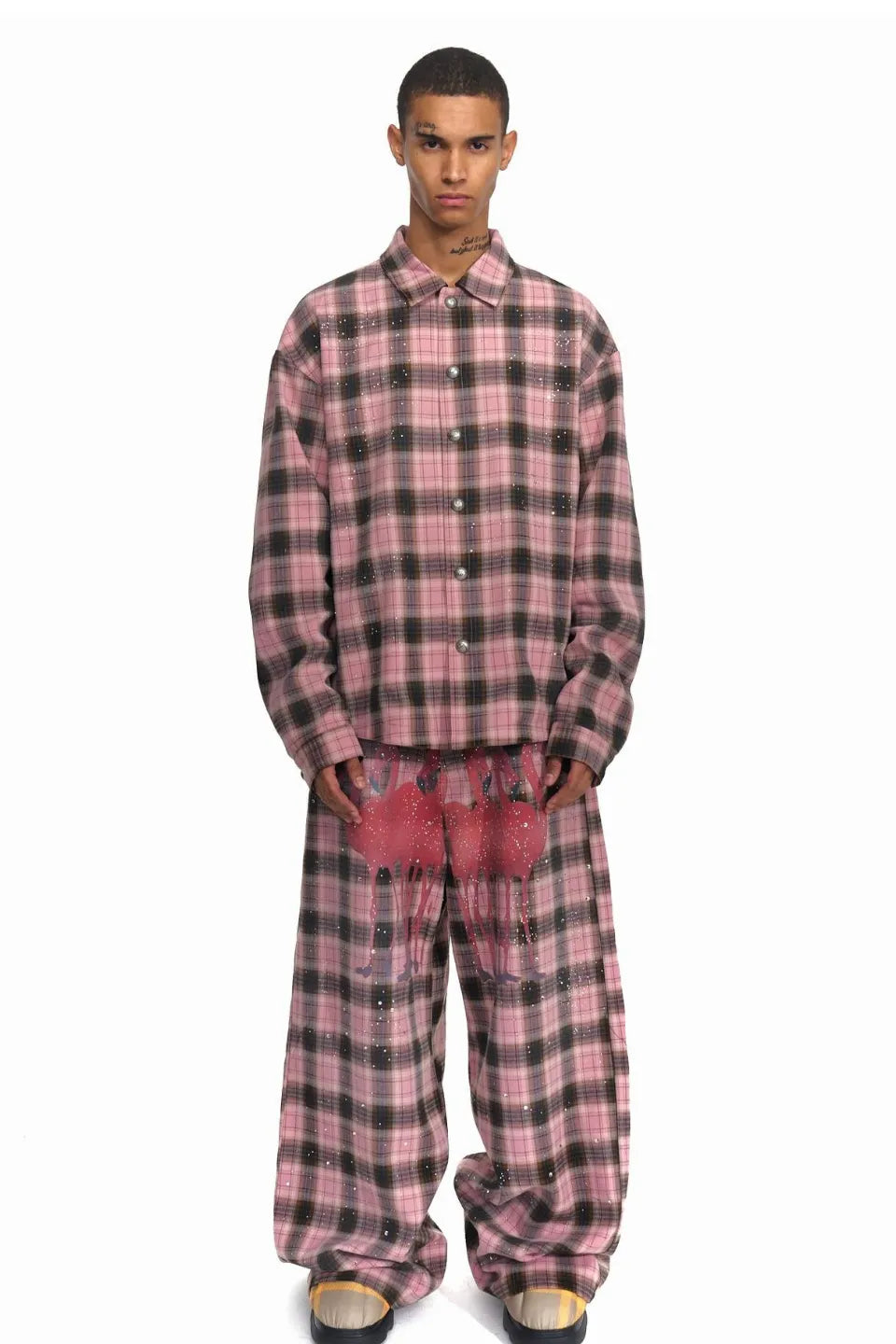 Pink Tartan Flamingo Graphic Rhinestone Flannel Shirt