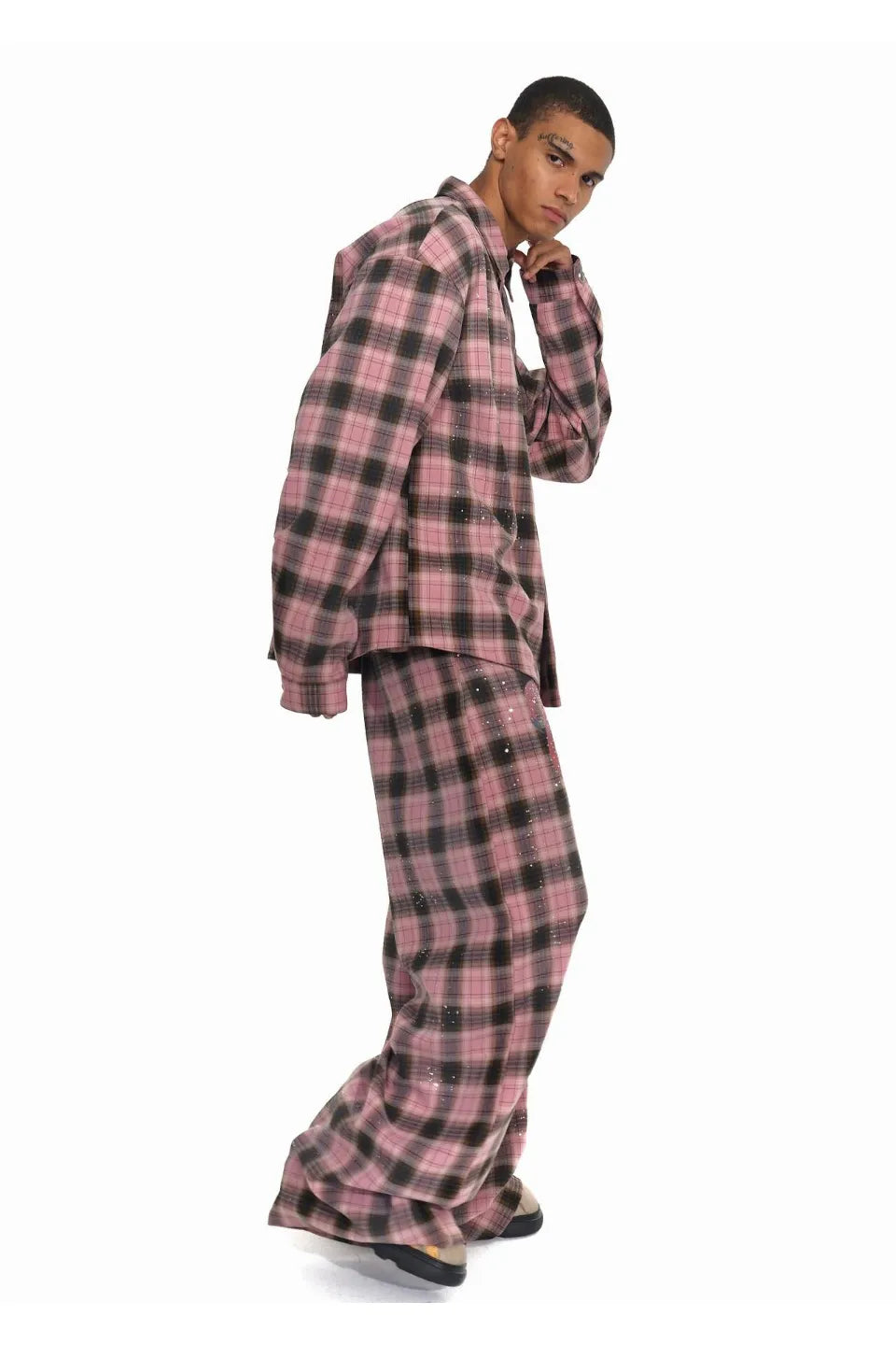 Pink Tartan Flamingo Graphic Rhinestone Flannel Shirt