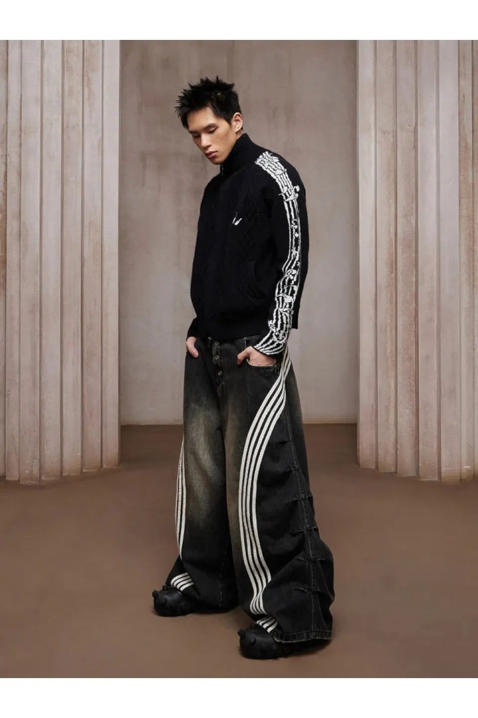 Pleated White Striped Trousers