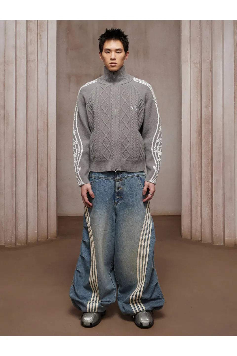 Pleated White Striped Trousers