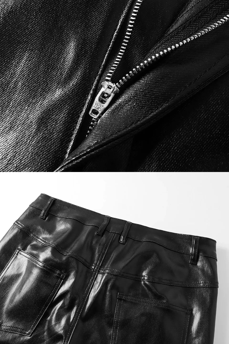 RХЯ Black Liquid Metal Coated Zipper Waxed Flare Pants