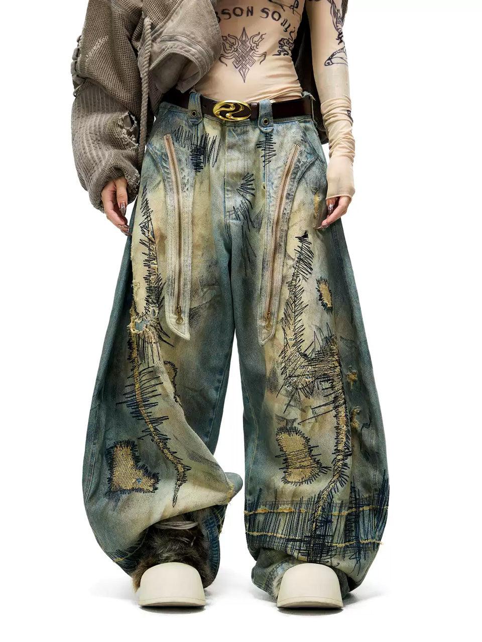 Random Embroidery Wide Leg Jeans