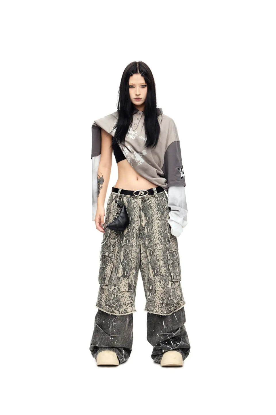 Raw Edge Snake Print Baggy Jeans