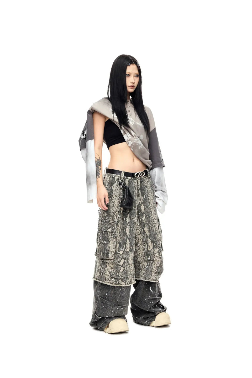 Raw Edge Snake Print Baggy Jeans