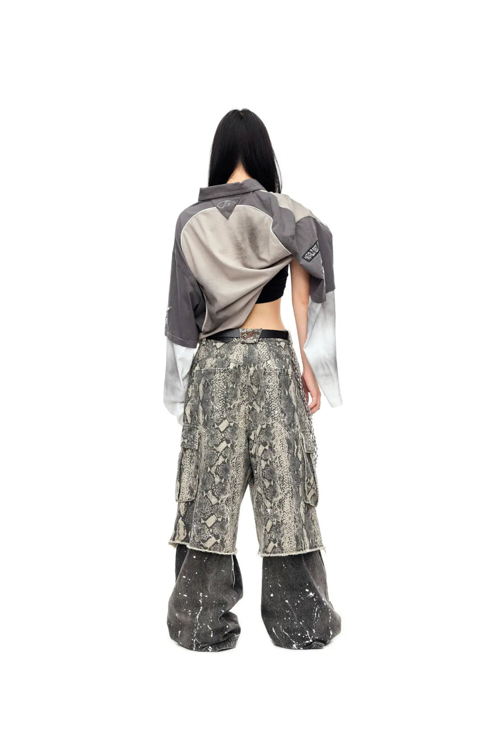 Raw Edge Snake Print Baggy Jeans