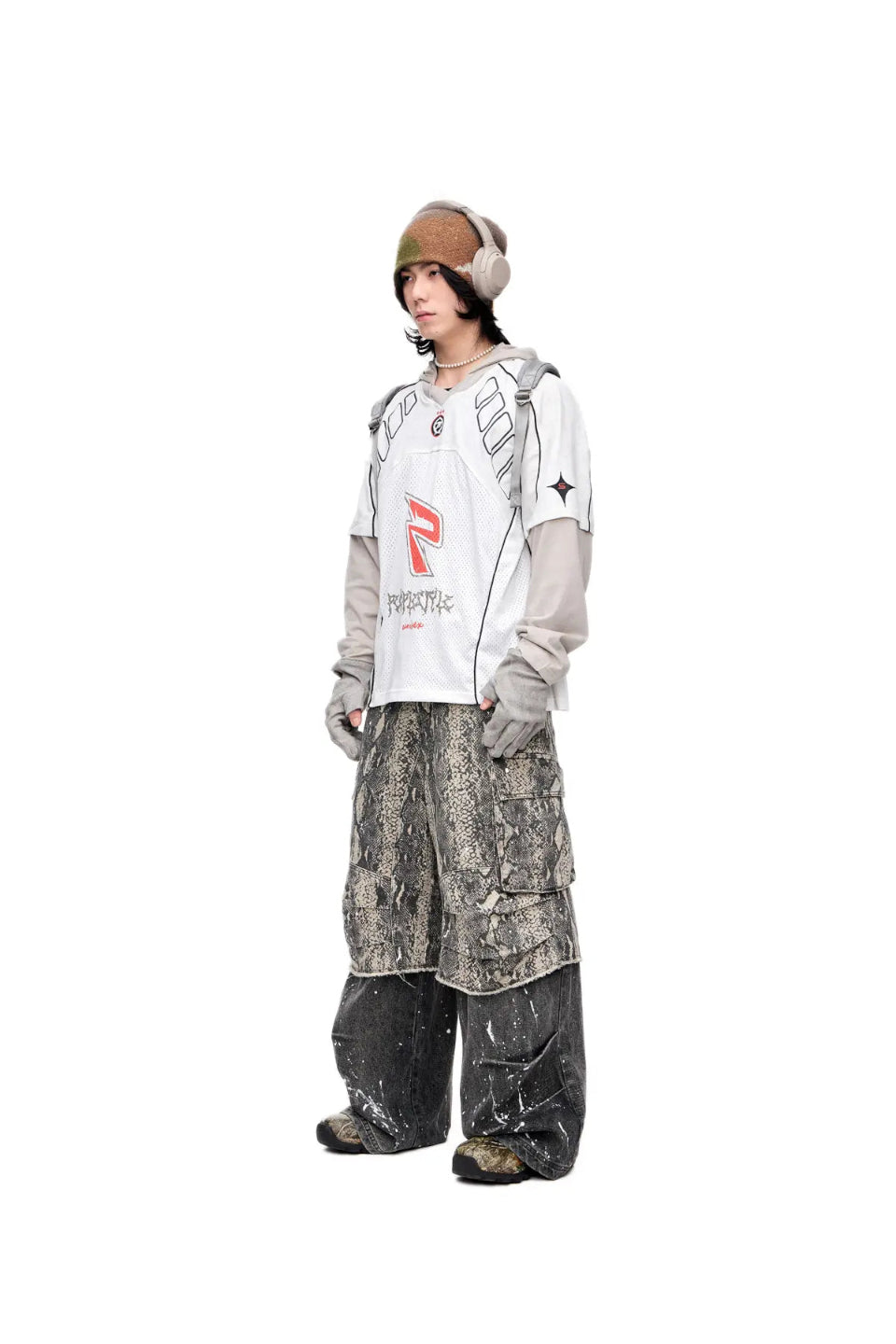 Raw Edge Snake Print Baggy Jeans