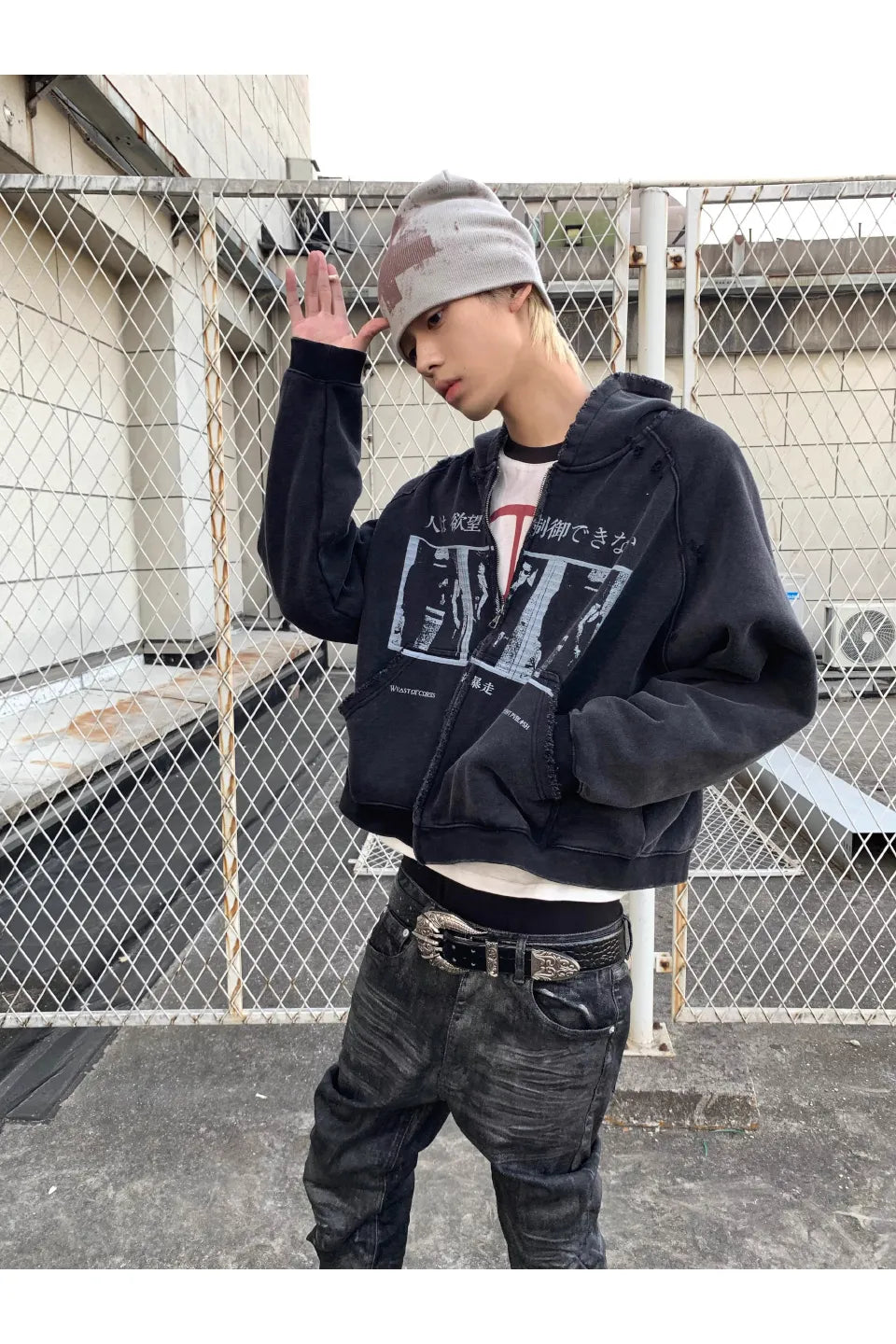 Red Cross Print Beanie Knit Hat