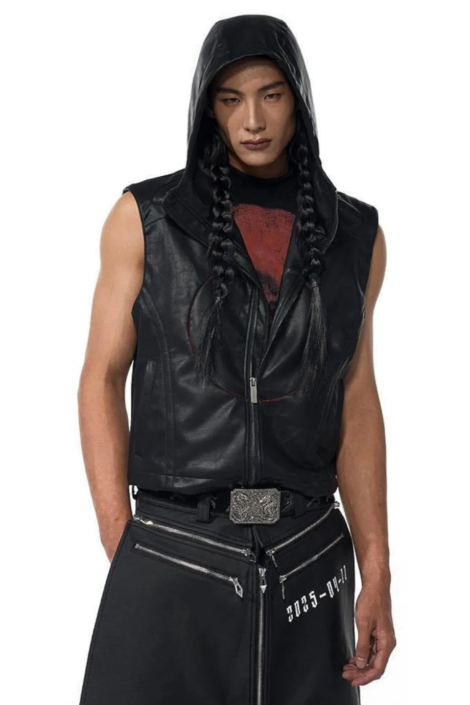 Red Star Hooded Faux Leather Vest