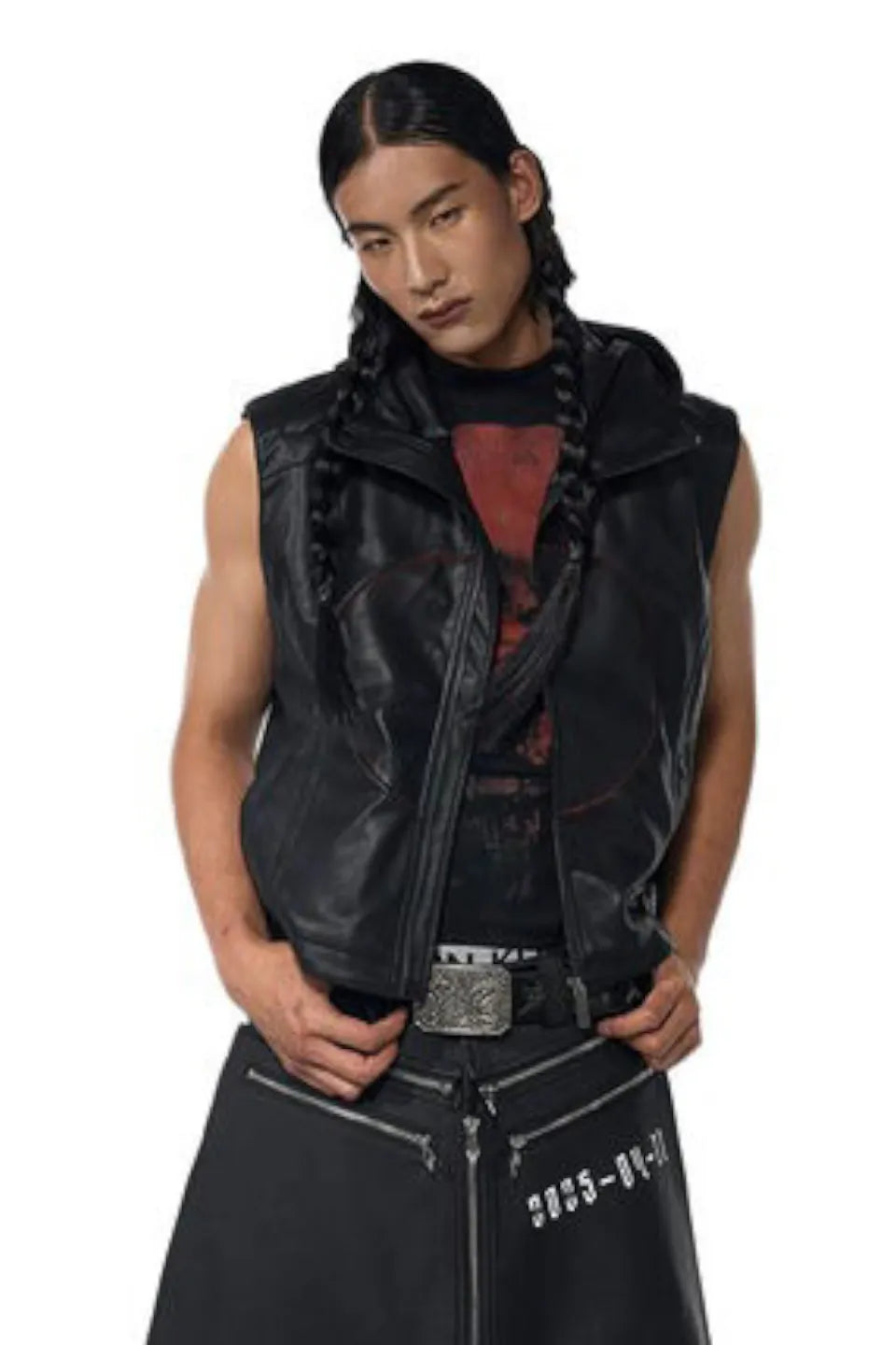 Red Star Hooded Faux Leather Vest