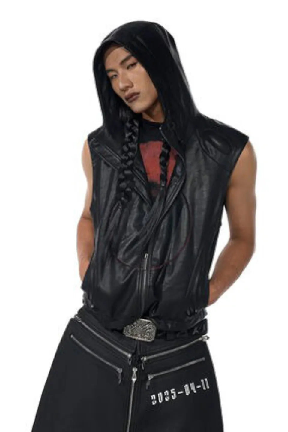 Red Star Hooded Faux Leather Vest