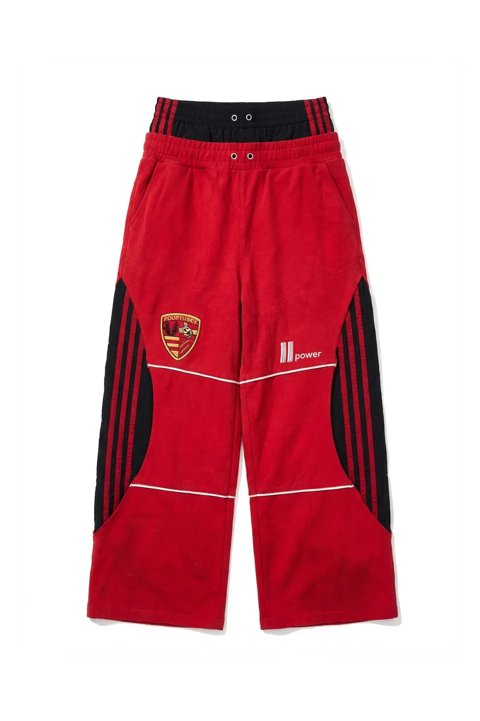FOURTH3EX Red Stripe Double Waistband Sweatpants - ダブルウエストバンドと赤いサイドラインが特徴のワイドスウェットパンツ正面
