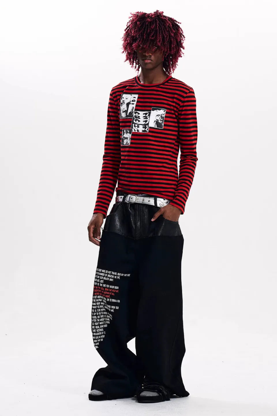 FOURTH3EX Red Striped Distorted Portrait Graphic LS T-shirts - レッドとブラックのボーダー柄地に歪んだ表情や目元のフォトグラフィックがプリントされたスリムフィットのロングスリーブTシャツ