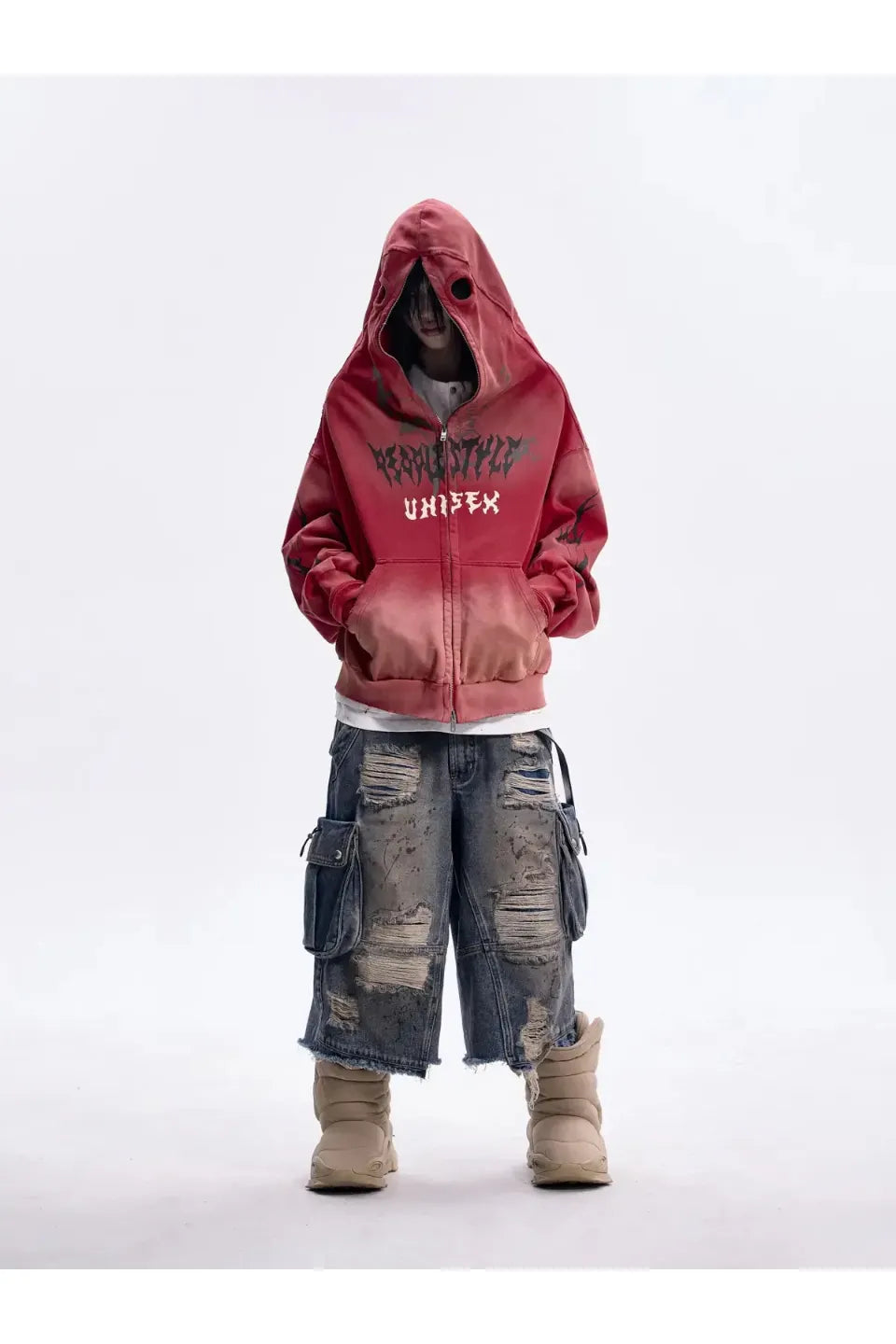 Ripped Full Zip Face Mask Hoodie