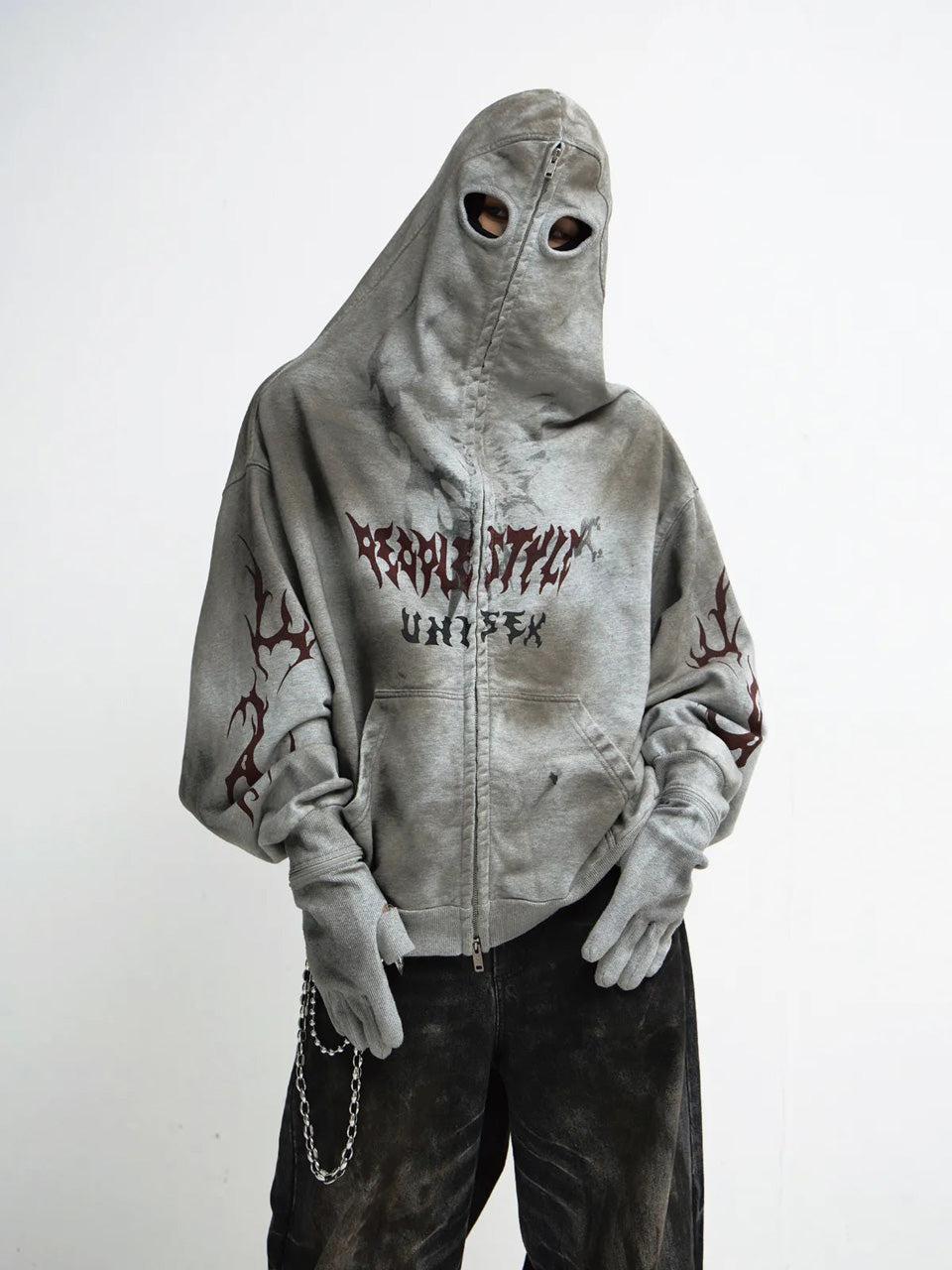 Ripped Full Zip Face Mask Hoodie