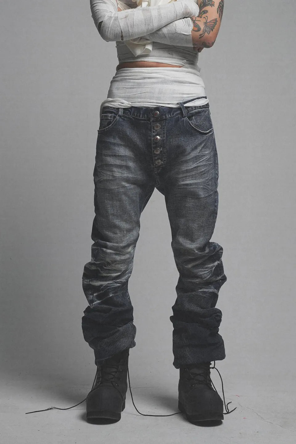 Ripple Cracked Super Long Denim Pants