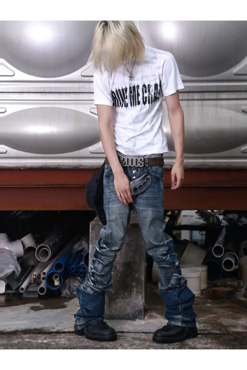 Ripple Cracked Super Long Denim Pants