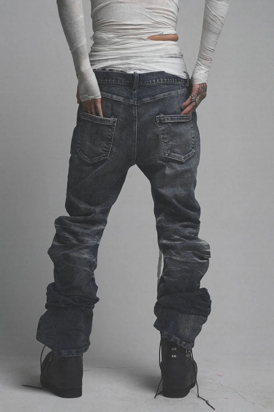 Ripple Cracked Super Long Denim Pants