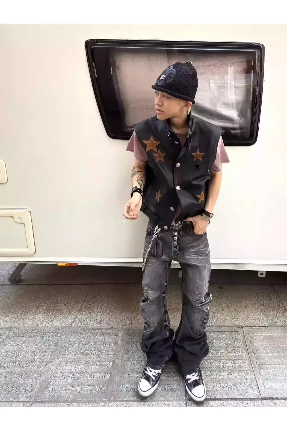 Ripple Cracked Super Long Denim Pants