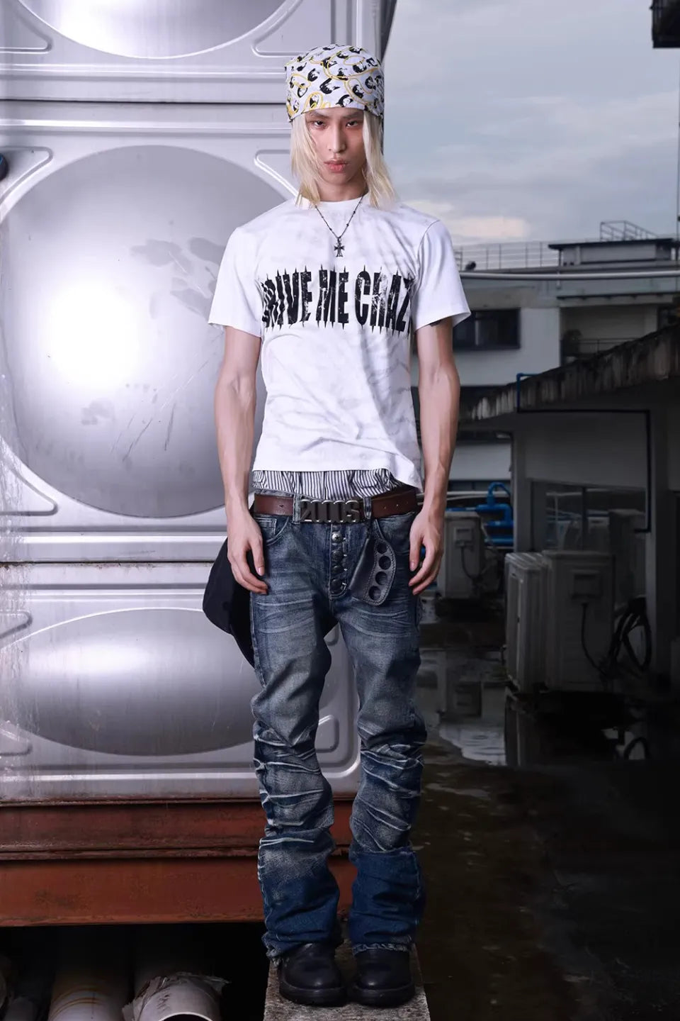 Ripple Cracked Super Long Denim Pants