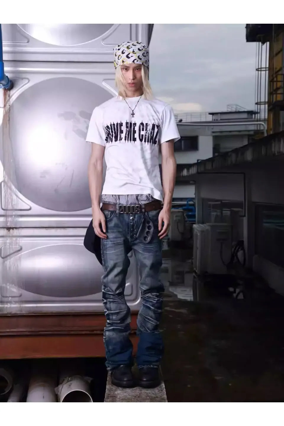 Ripple Cracked Super Long Denim Pants