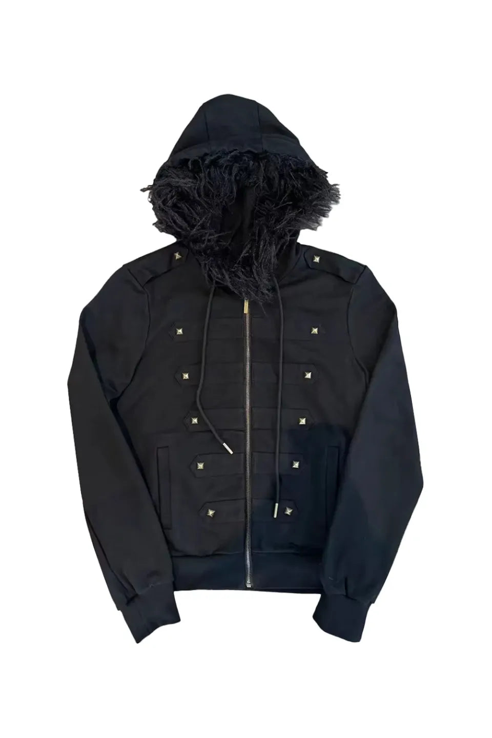 Rivet Decorated Slim Fit Hooded Fur Collar Sweatshirt