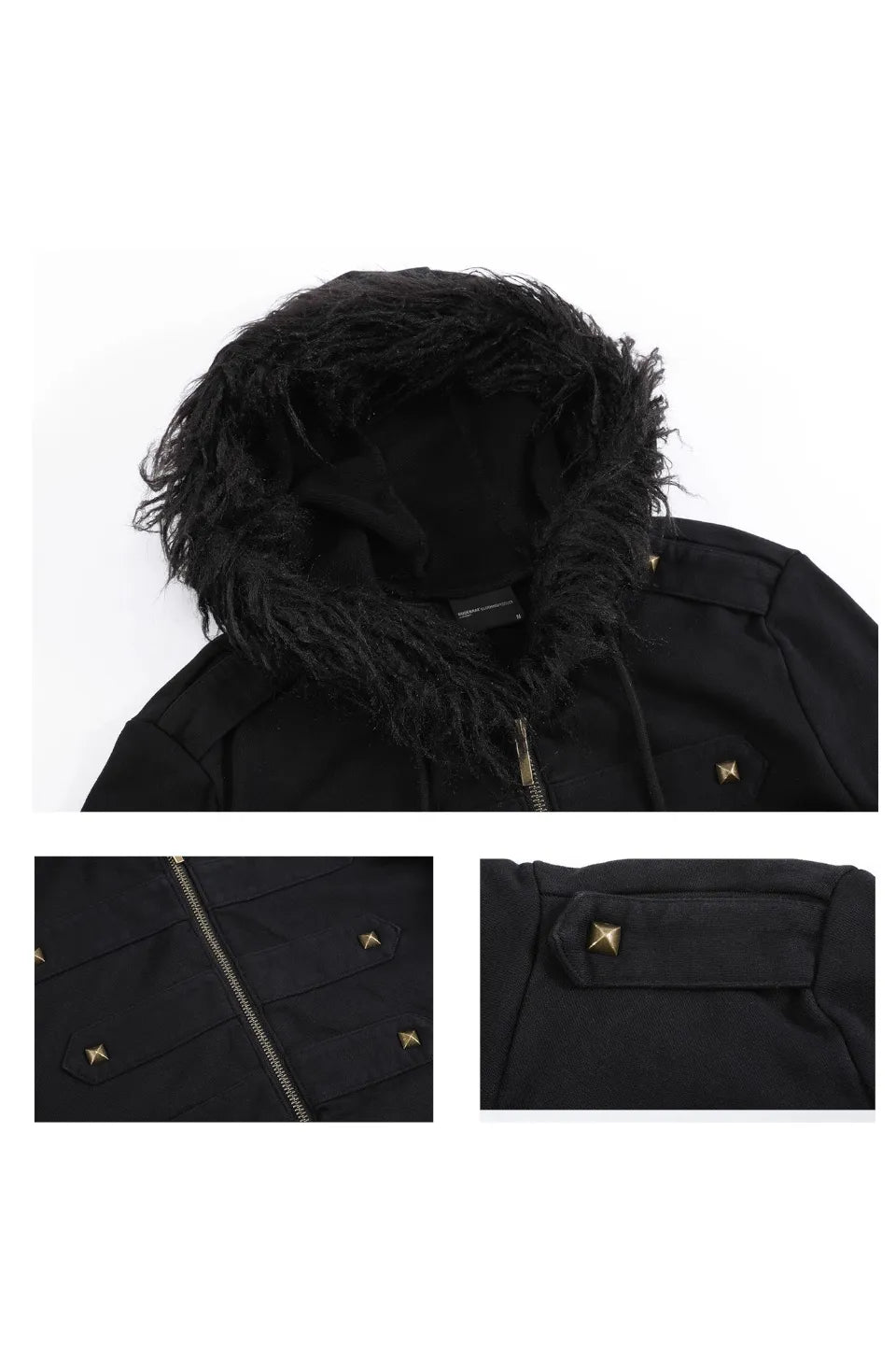 Rivet Decorated Slim Fit Hooded Fur Collar Sweatshirt