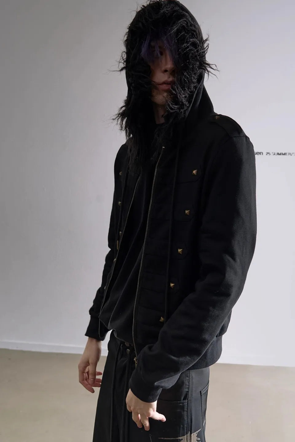 Rivet Decorated Slim Fit Hooded Fur Collar Sweatshirt