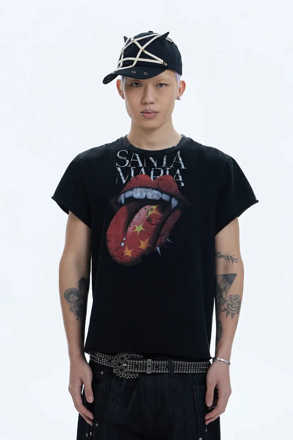 Rolling Tongue Graphic Distressed Cut Off Tee