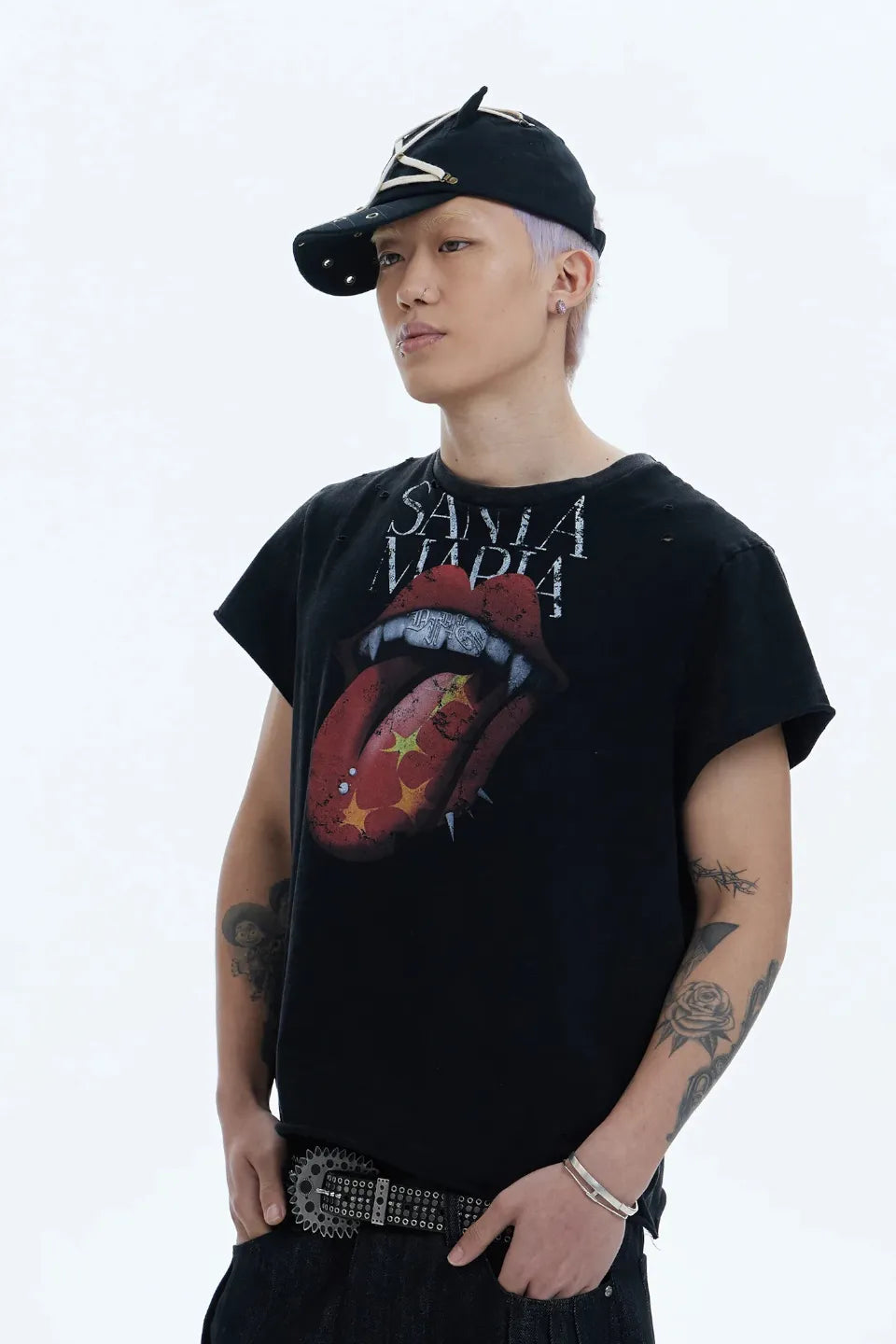Rolling Tongue Graphic Distressed Cut Off Tee