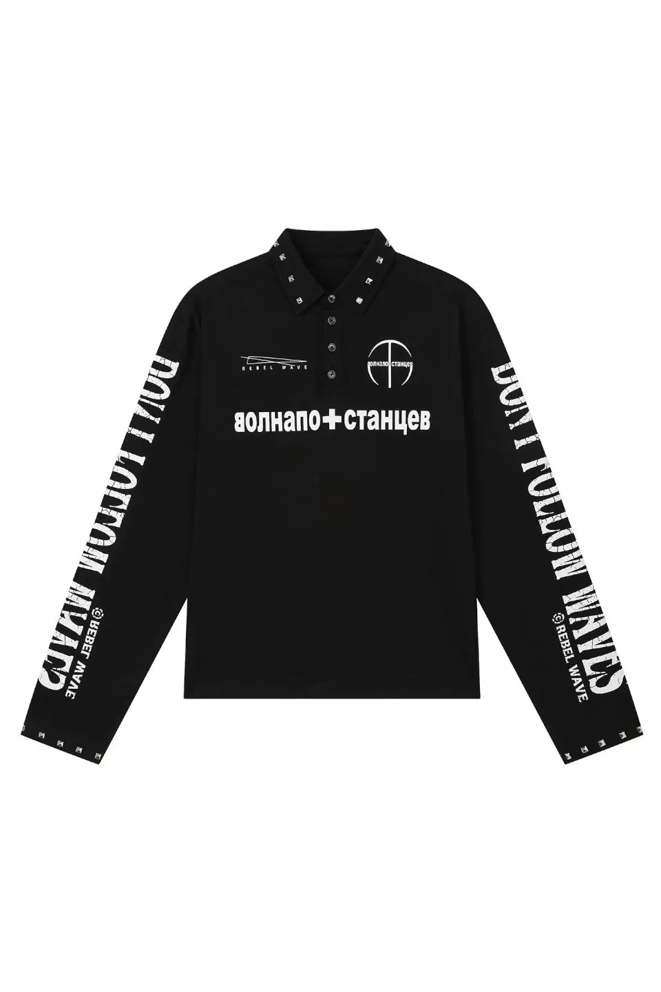 Russian Text & Rivet Print LS Polo Shirt