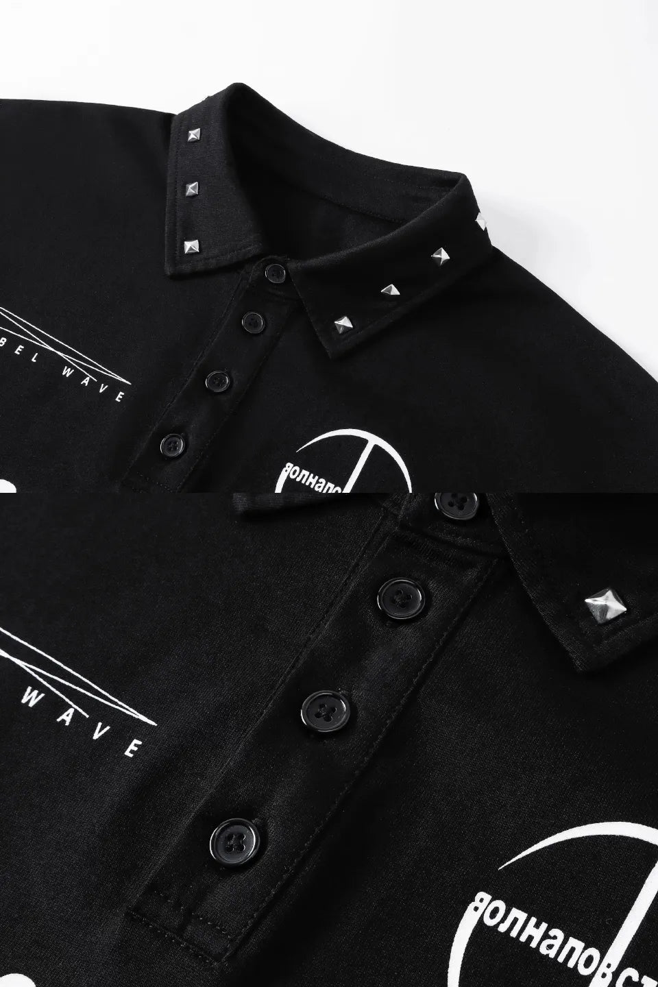 Russian Text & Rivet Print LS Polo Shirt