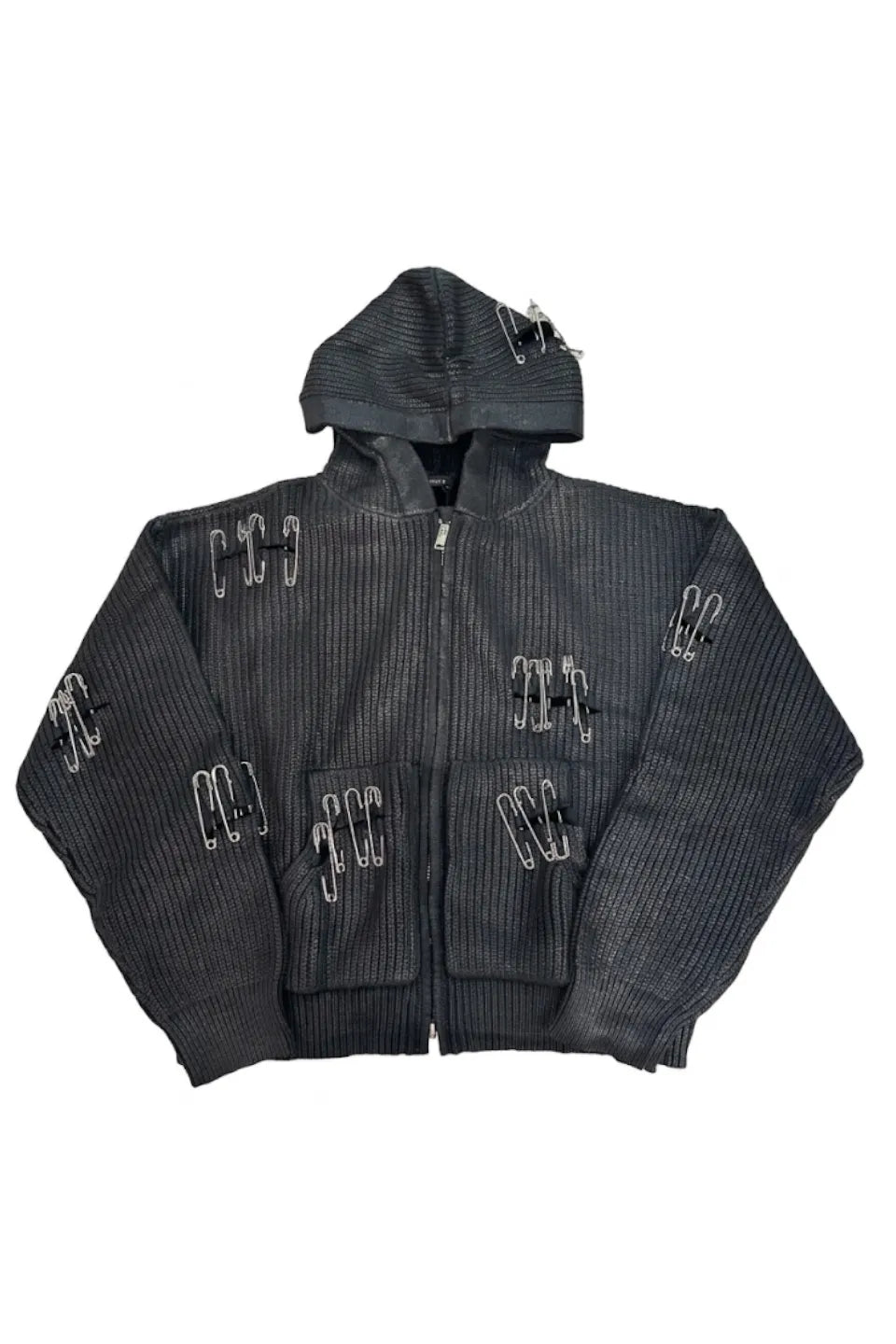 Safety Pin Distressed Open Knit Hoodie