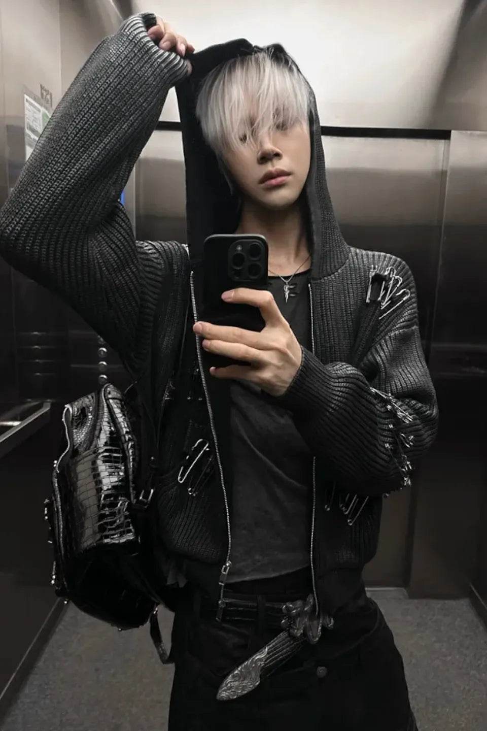 Safety Pin Distressed Open Knit Hoodie