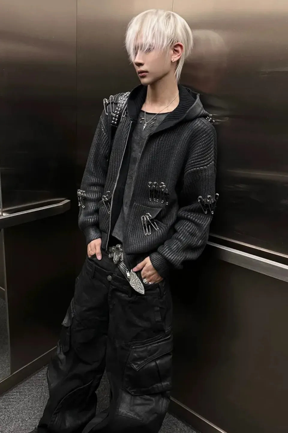 Safety Pin Distressed Open Knit Hoodie