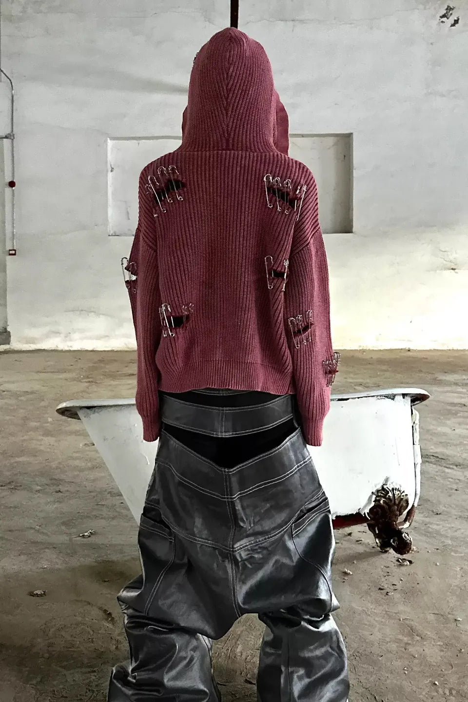 Safety Pin Distressed Open Knit Hoodie
