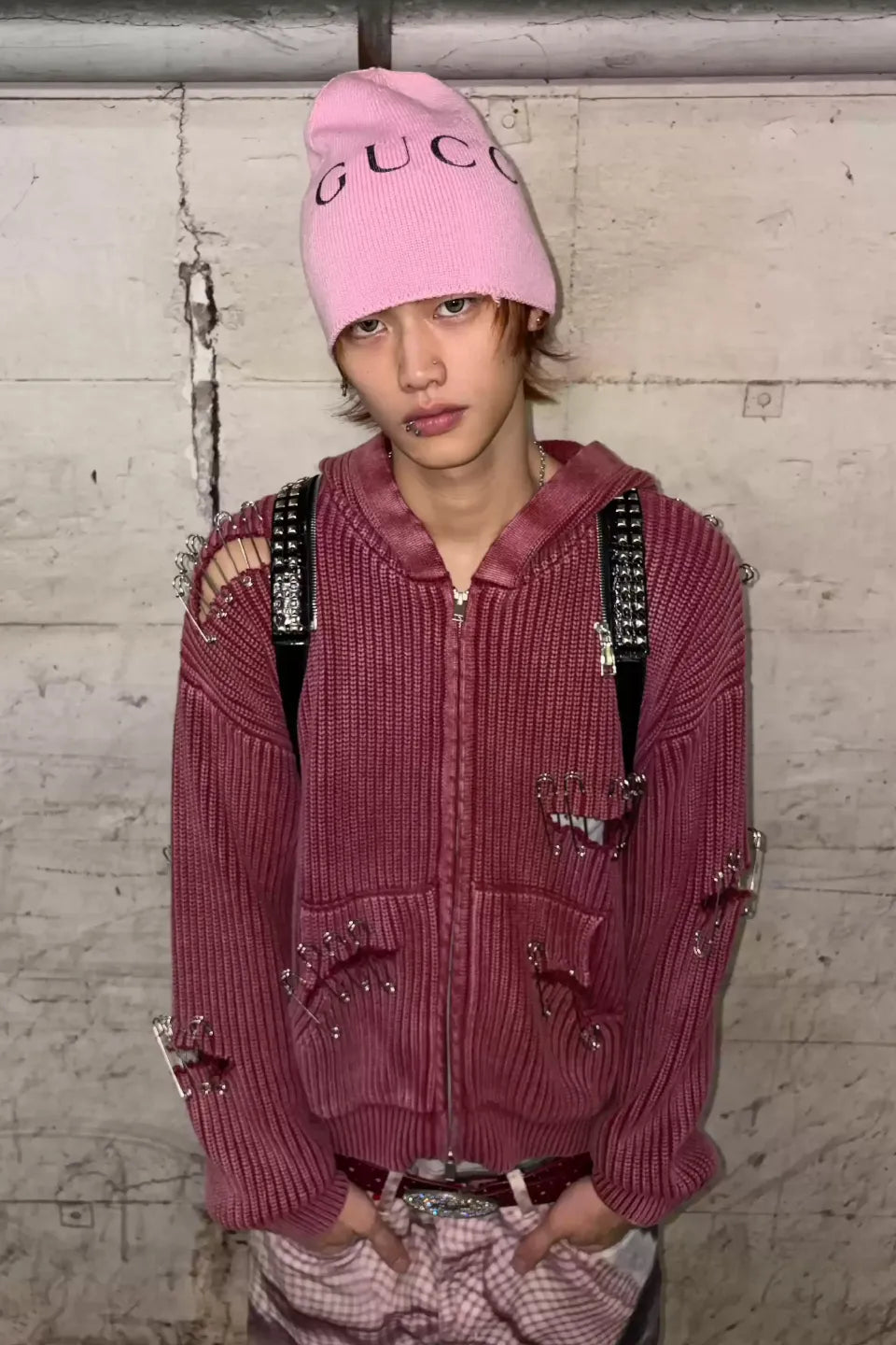 Safety Pin Distressed Open Knit Hoodie