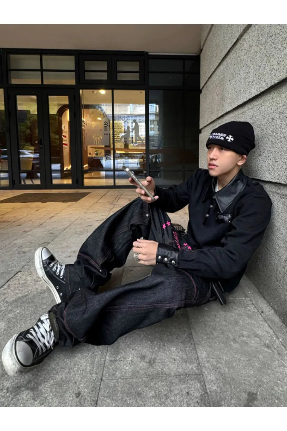 Sanskrit Print Cross Studded Polo Shirt