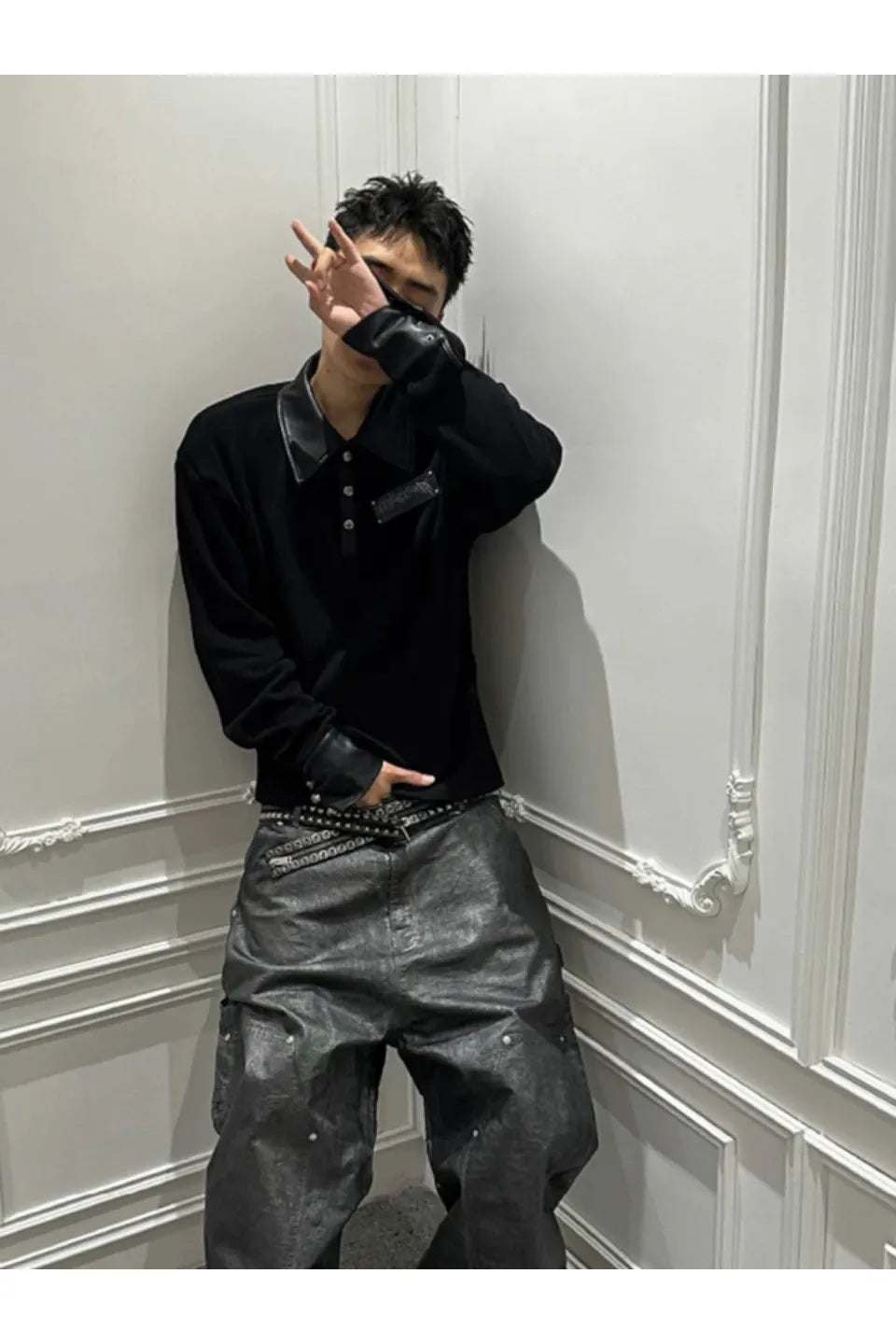 Sanskrit Print Cross Studded Polo Shirt