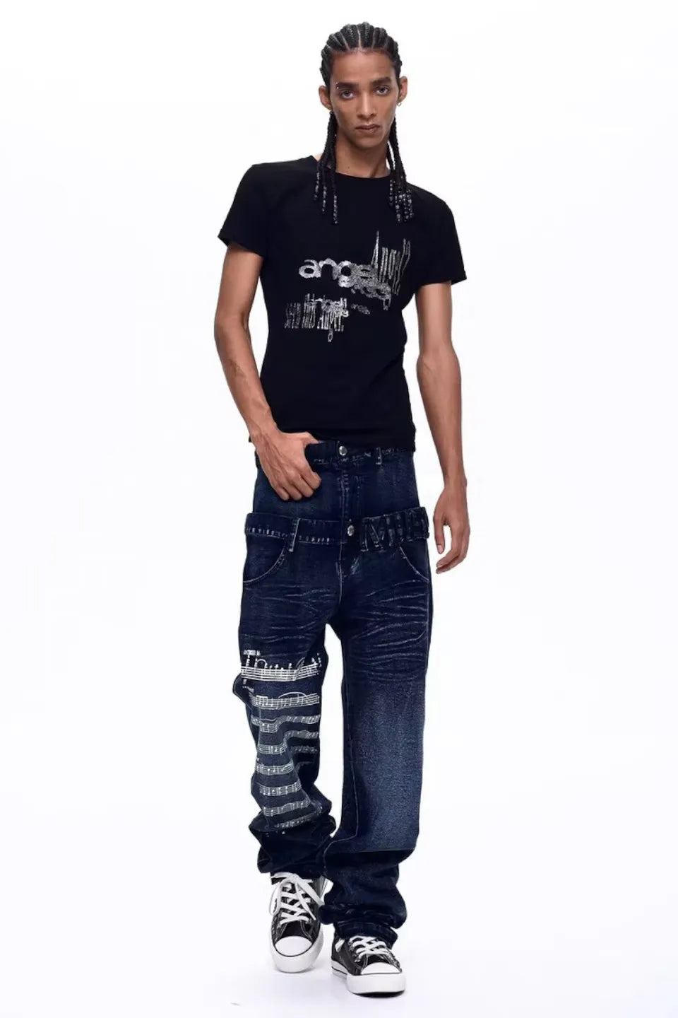 Sheet Music Double Waistband Indigo Denim Pants