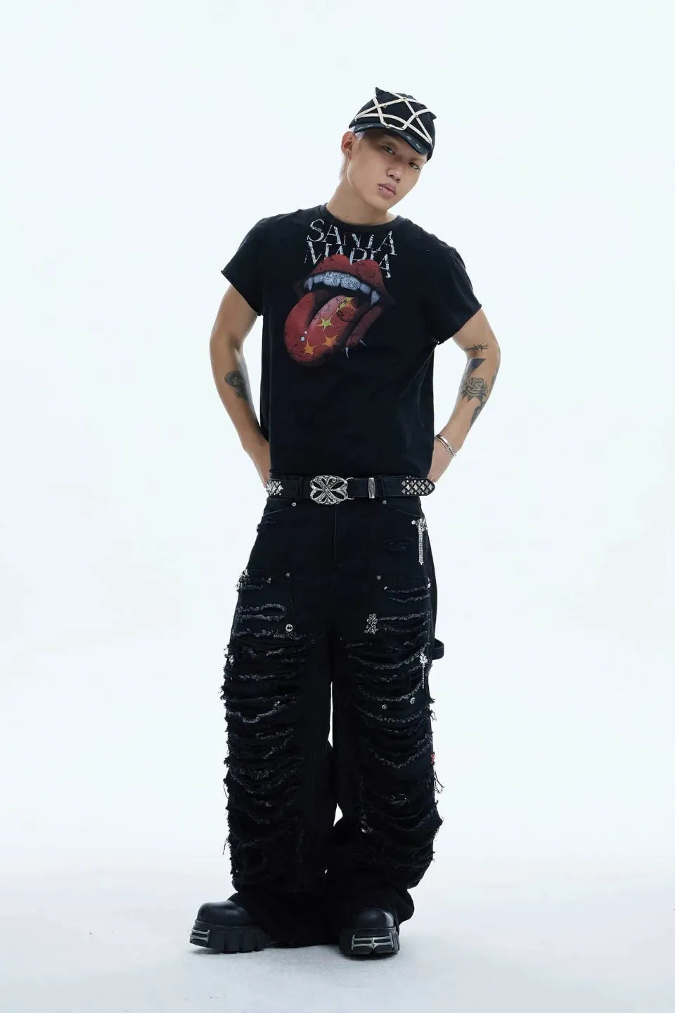 Shredded Rivet Paneled Baggy Jeans