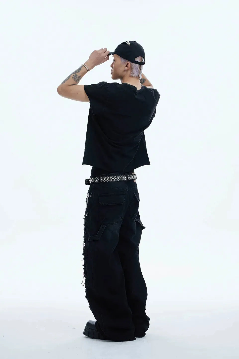 Shredded Rivet Paneled Baggy Jeans