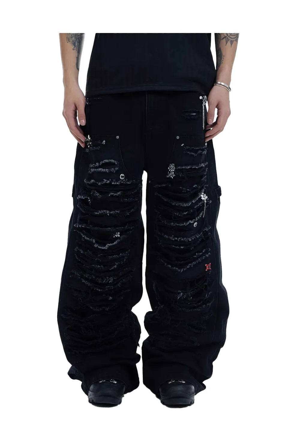 Shredded Rivet Paneled Baggy Jeans