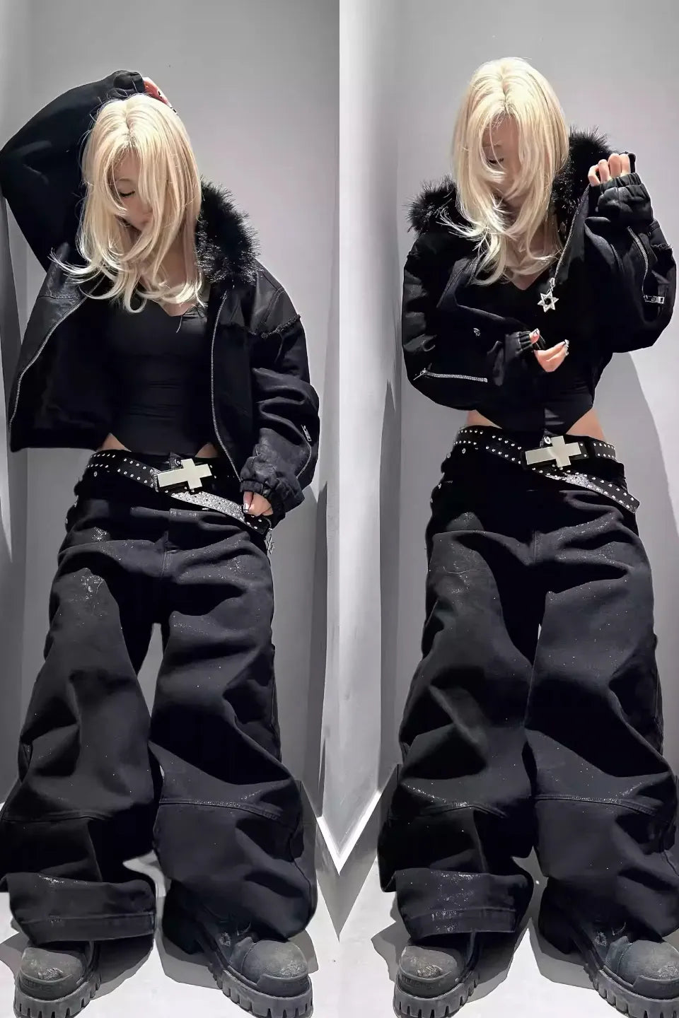 Silver Waxed Damaged Zip Pants